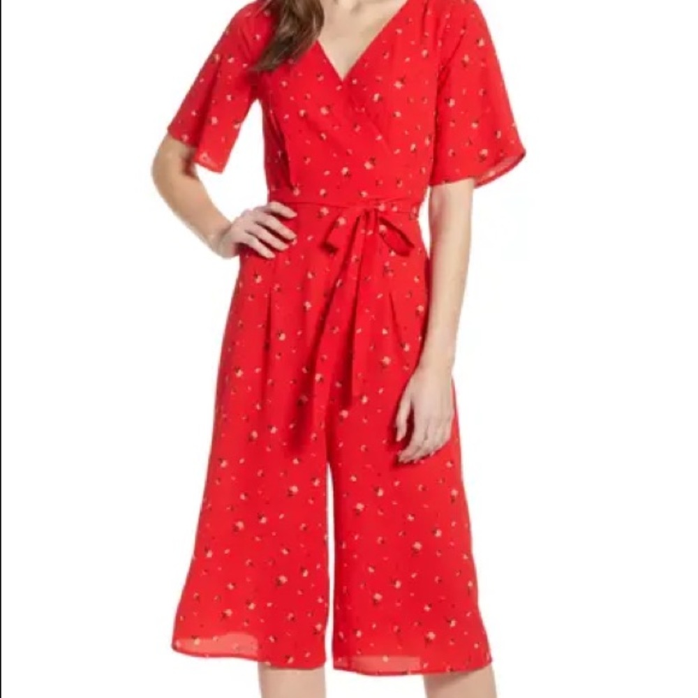 Red V Neck Jumpsuit